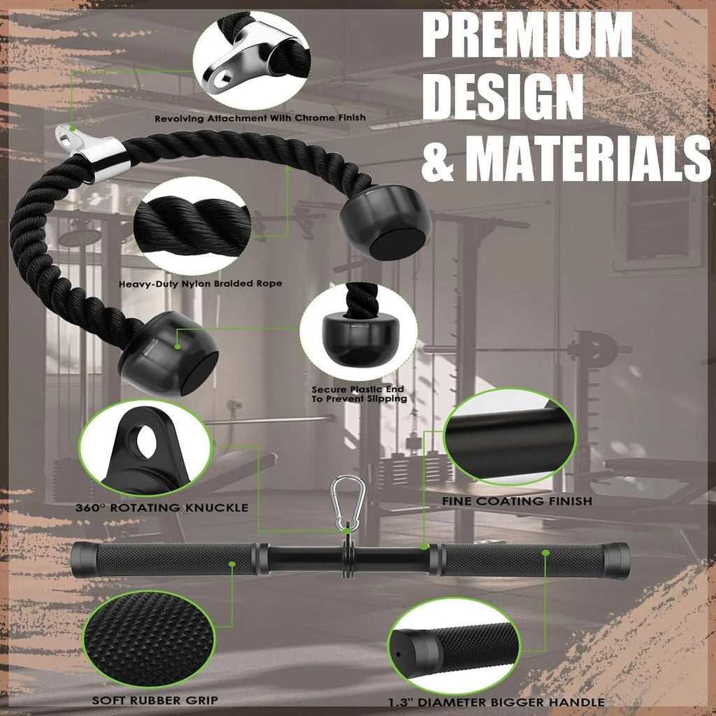 Upgraded Comfort Grip Cable Machine Attachments - Lat Pulldown, Triceps Rope, V Bar & Double D Bar for Home Gym Essentials